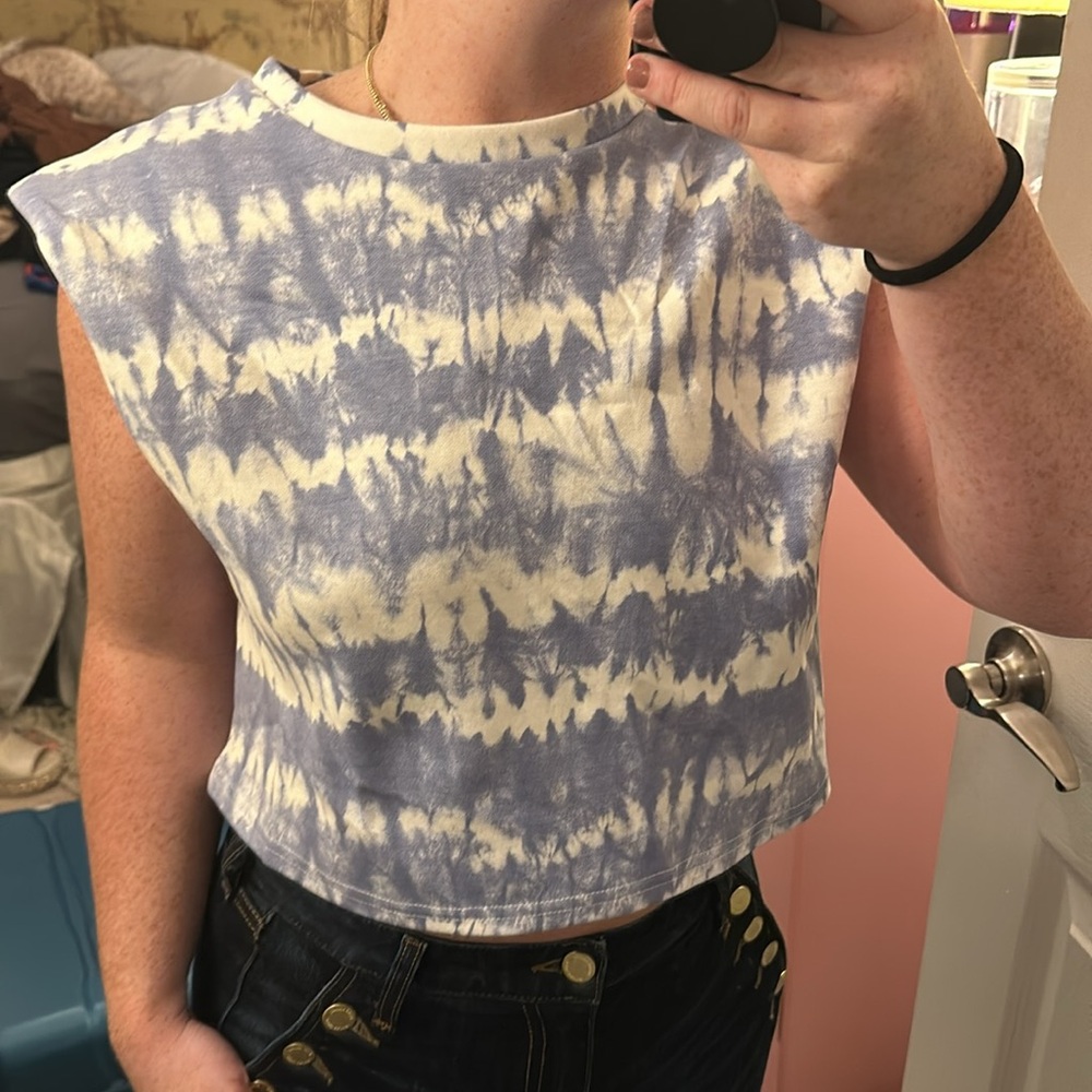 Blue & White Tie Dye Cropped Shoulder Pad Shirt